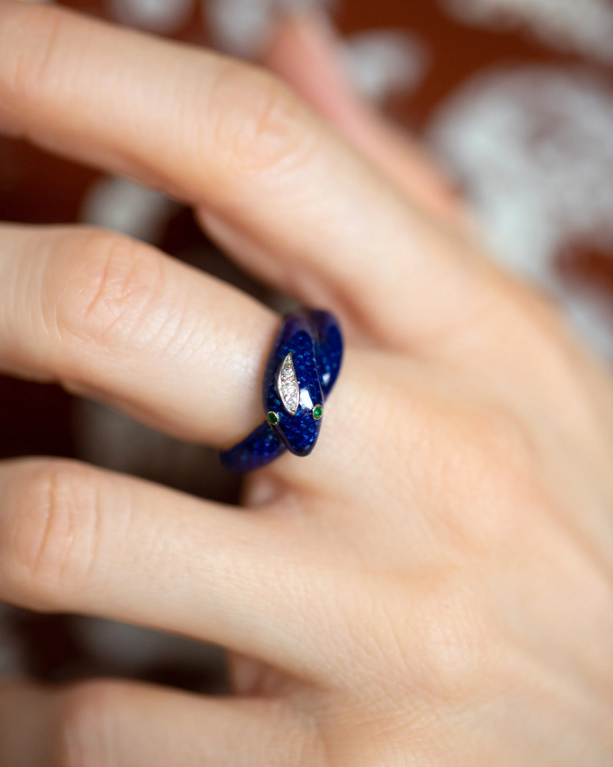Vintage Cartier Diamond & Emerald Enamel Snake Ring - Image 4